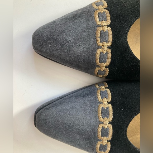 Stuart Weitzman Black and Gray Suede Heels with Gold Embroidered Chain - Picture 2 of 9